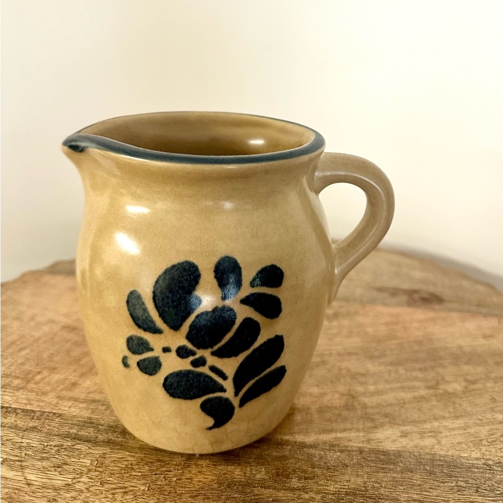 Handcrafted Tan Ceramic Pitcher with Navy Floral Design by Creamer USA